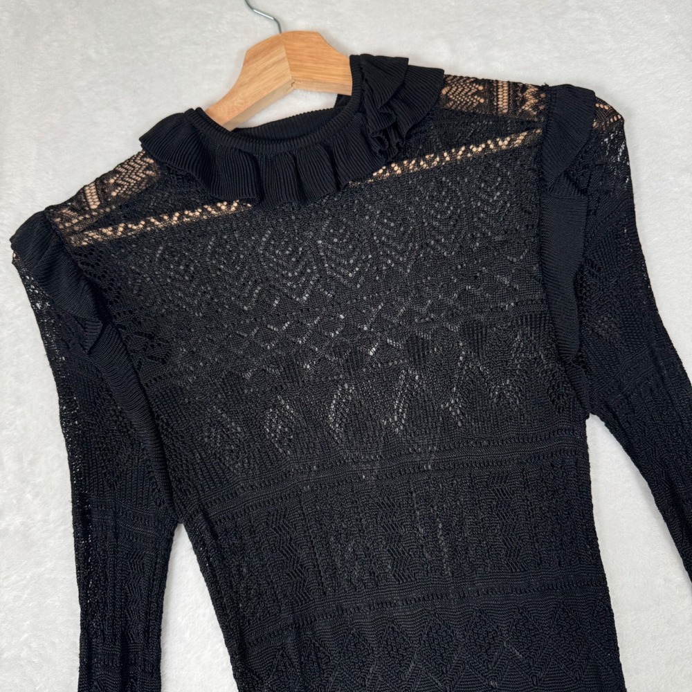 Ronny Kobo Bodysuit Womens M Black Pointelle Knit Ruffle Trim Long Sleeve Chic